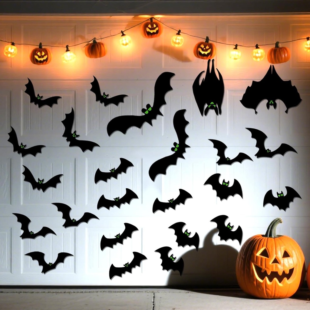 Hopegiver Halloween Garage Door Decorations - 24pcs Magnetic Bats for Garage Door, Halloween Decorations Outdoor, Fridge Car Decor with Glowing Emoticon Sticker, Bat Decor