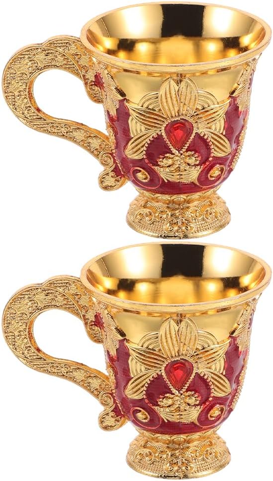 LOGOFUN 2PCS Vintage Goblet Metal Retro Holy Cups Embossed Flower Pattern Offering Mugs with Handle for Buddhist Wedding Supplies - Gold Red