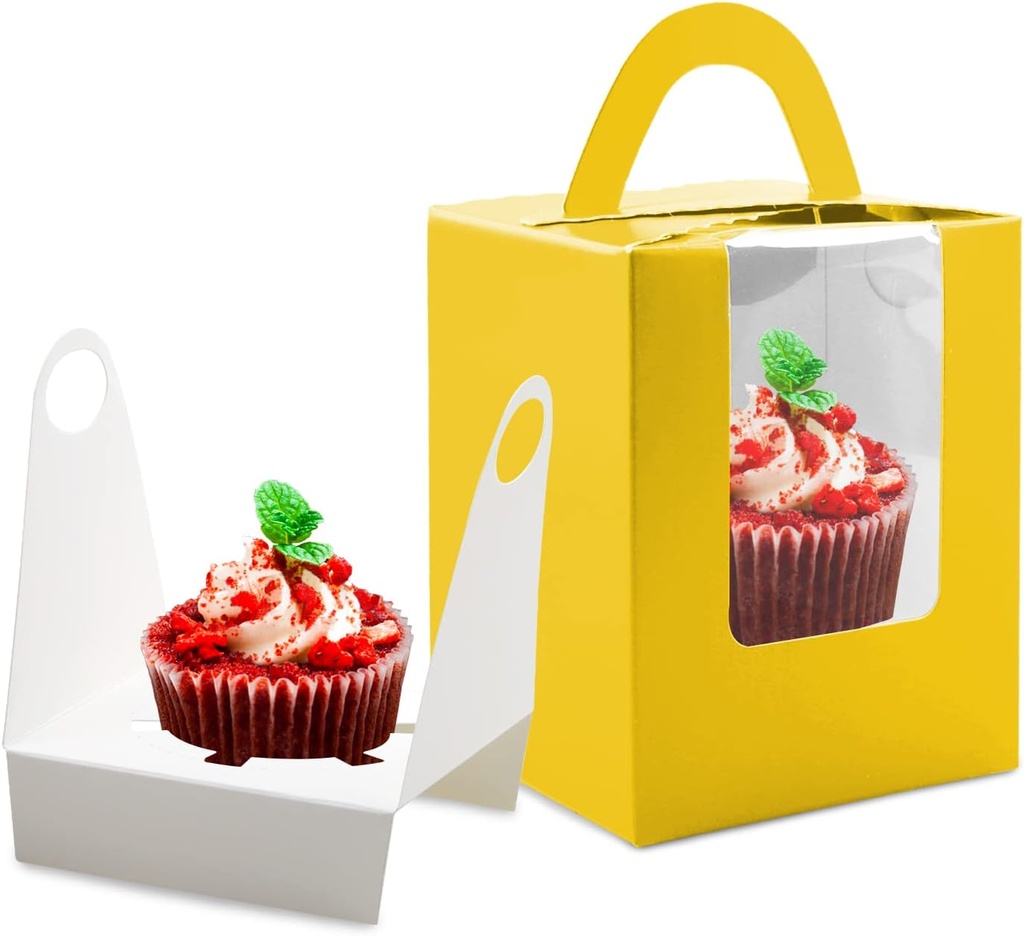 Rocutus Cupcake Boxes,50 Pack Cupcake Boxes Individual Single Cupcake Boxes Individual Cupcake Boxes,Clear Window Inserts Handle Cupcake Muffins Cupcake Carriers Pastry Containers (Yellow)