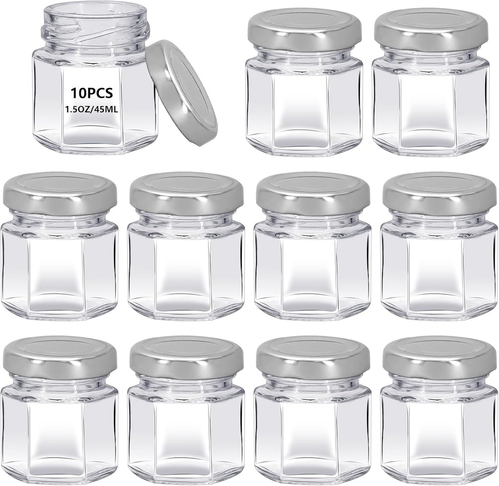 10Pack 1.5 oz Mini Clear Honey Jars for Wedding Favor, Baby Shower, 45ml Small Glass Favor with Airtight Lids, Gift Jars, Sample Body Butter, Jam, Spices, Herbs, Candy, Candle (Silver cap)