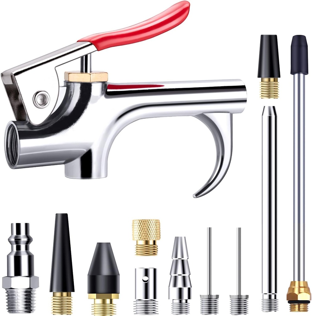 13 Pcs 2-Way Connection Air Nozzle Blow Gun Set, Air Nozzle Kit with 1/4 in Standard Quick Fitting and 8 Air Nozzles, Air Compressor Accessories for Air Inflation and Dedusting