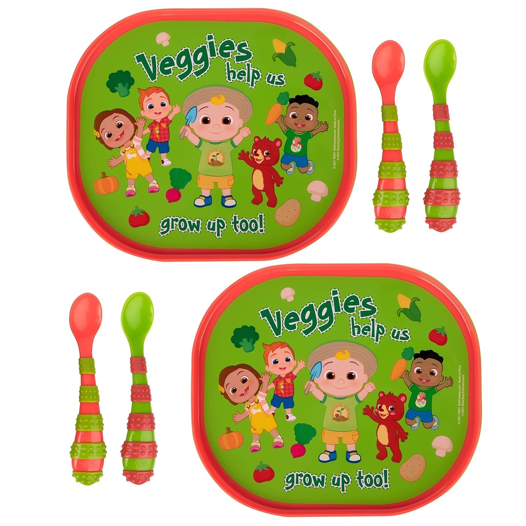 The First Years CoComelon Toddler Dinnerware Set - Plastic Dinnerware Set and Toddler Utensils - 2 Reversible Baby Plates and 4 Textured Baby Spoons