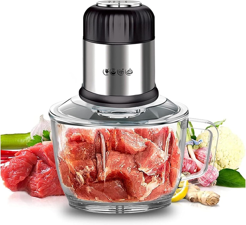 Electric Grinder Chopper Mincer 2L, 800w High Power, Glass Bowl with Handle, Silent Operation Food Processor, Kitchen Cooking Machine for Meat, Vegetables, Fruits, Onion and Nuts