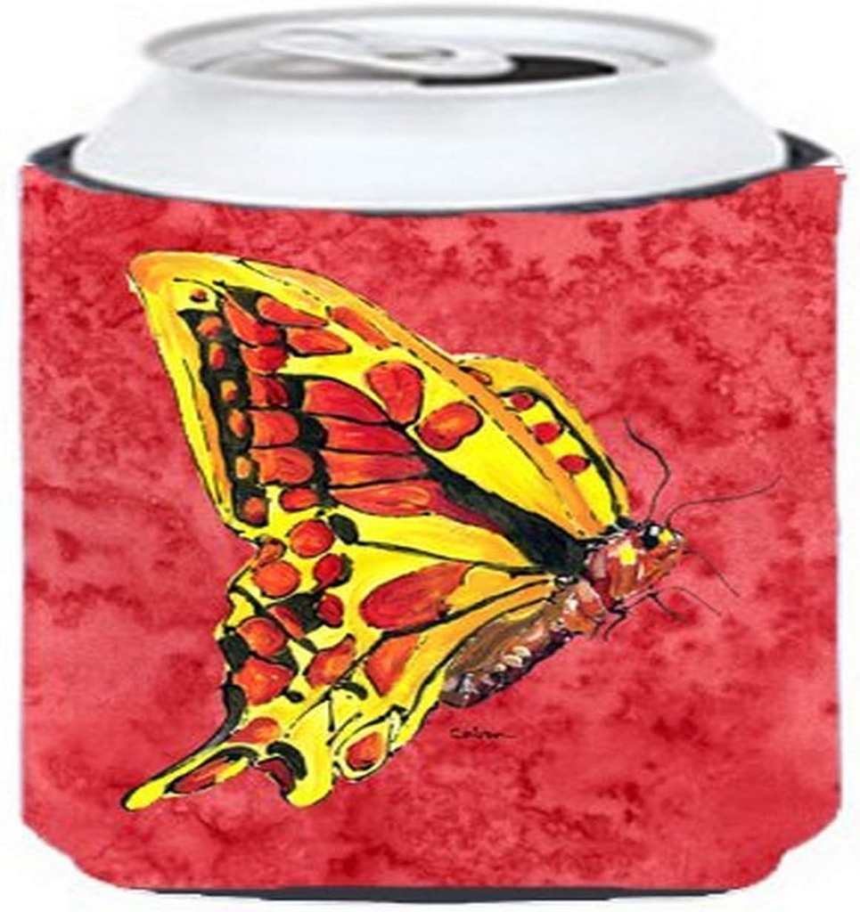 Caroline's Treasures 8862CC Butterfly on Red Can or Bottle Hugger Cooler Washable Drink Sleeve Collapsible Beverage Insulated Holder, Can Hugger, Multicolor