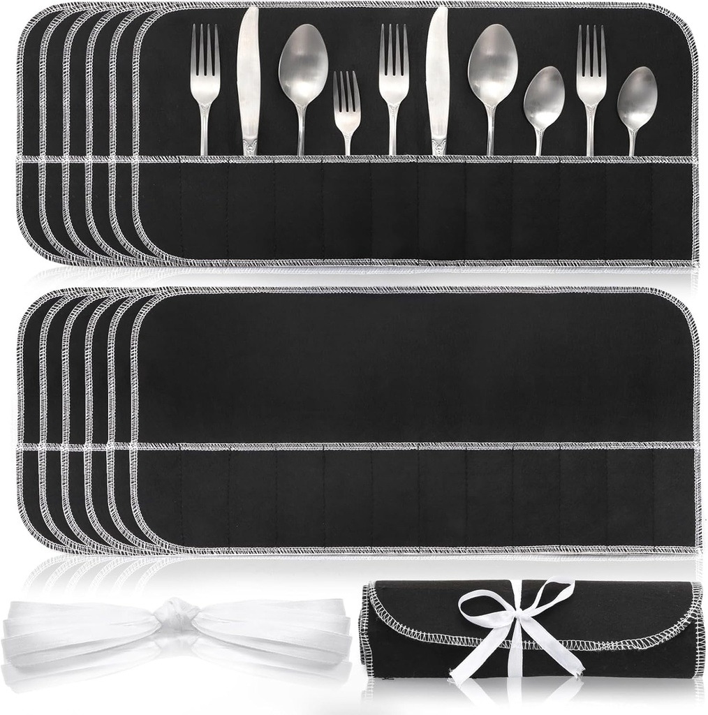 Tebery 12 Pcs Silver Storage Bags Anti Tarnish, Silverware Storage Cloth Roll with White Ribbon, 12 Slot Flatware Protector Organizer, Cutlery Sleeves Bags for Kitchen Utensil Teaspoon