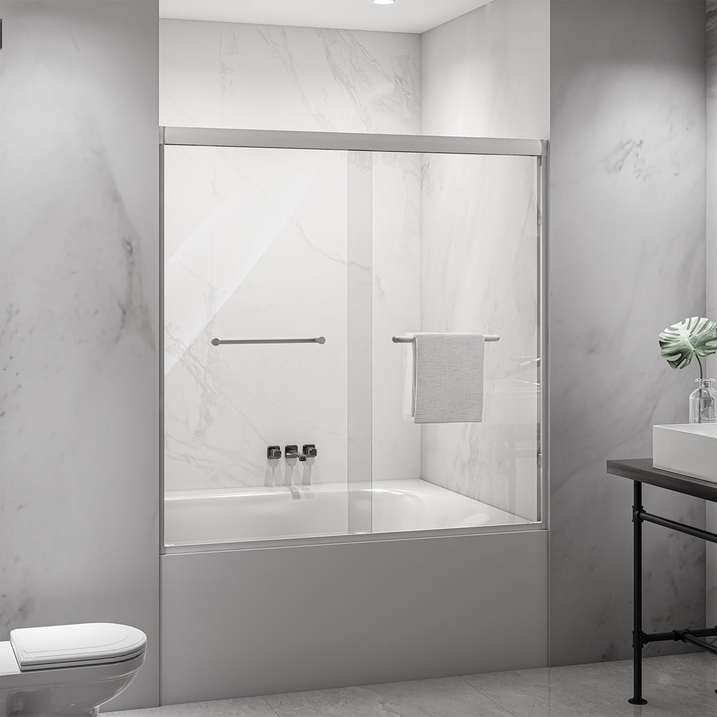 Bathroom Glass Door, Brushed Nickel Shower Sliding Door with 6mm Tempered Safety Glass, Frameless Shower Enclosure for Walk in Shower