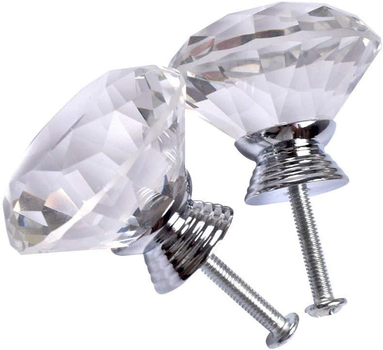 Joyhey 2 Pack 40 mm Diamond Shaped Glass Crystal Knobs with 3 Size Screws for Cabinet, Drawer, Cupboard, Dresser