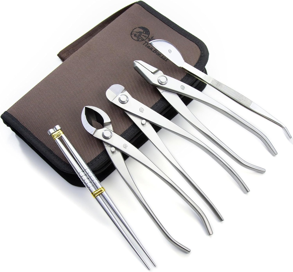 TianBonsai Bonsai Tools 5-Piece Alloy Steel Bonsai Tool Kit in Cluding 205mm Wire Cutter / 205mm Round Edge Cutter / 205mm Jin Plier / 200mm Straight Root Hook/Tweezers(NBK5-02)