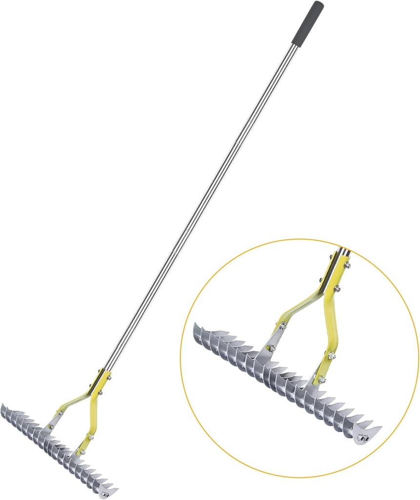 Thatching Rake 15-Inch Wide for Cleaning Dead Grass Efficient Steel Metal Grass Rake with Stainless Steel Handle Lawn loosening Soil 58.5-Inch Length