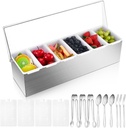 Mifoci 1 Pack Stainless Steel Chilled Condiment Server 6 Removable Slot Toppings Containers with Lid and Bottom Ice Bar Garnish Tray with 9 Silverwares 4 Ice Boxes for Christmas Party, Events and Bar