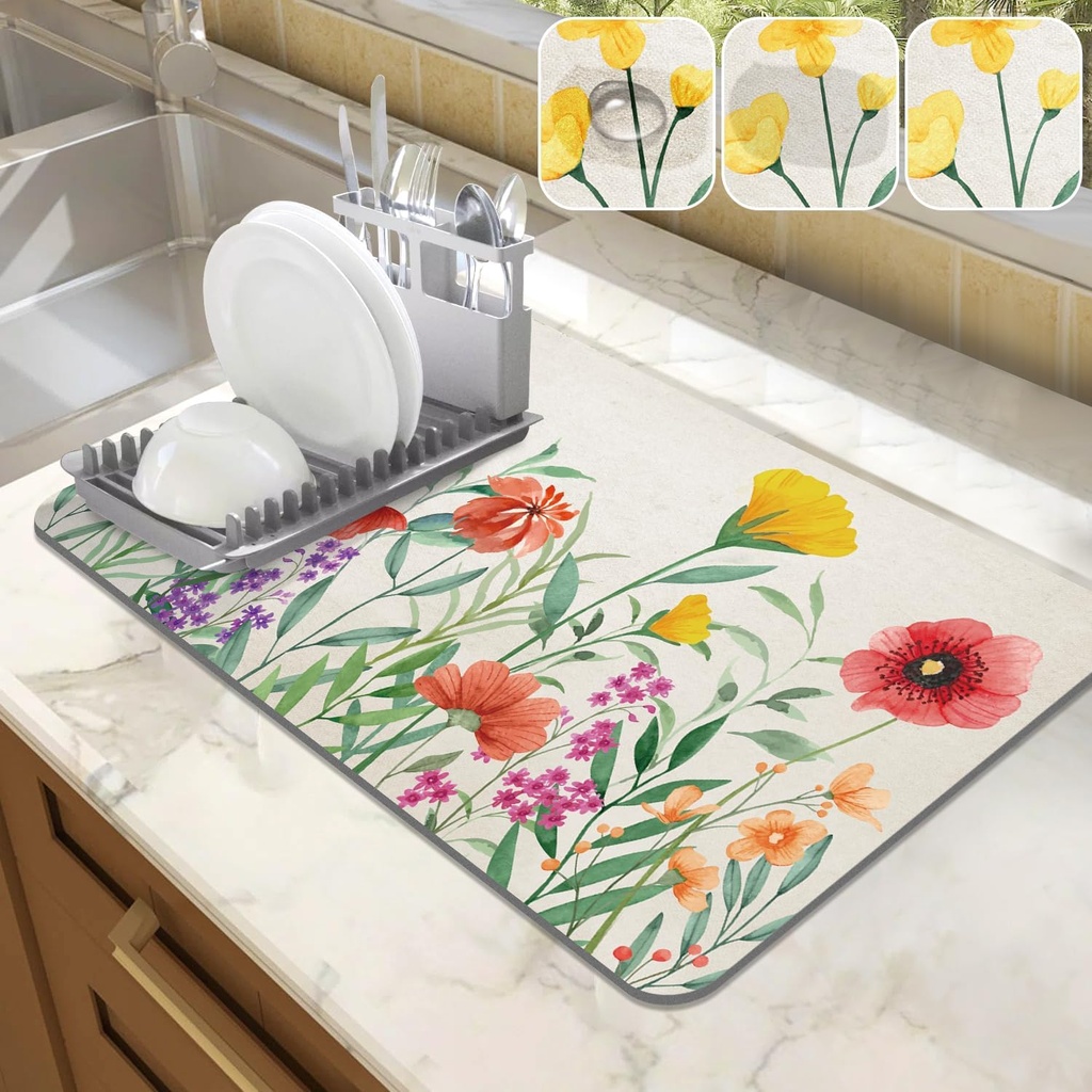 LOKHOM Dish Drying Mat for Kitchen Counter, 12"x20" Absorbent Coffee Bar Mat with Spring Floral, Dish Drainer Rack Mat for Kitchen Counter Coffee Maker, Dining Room Decoration