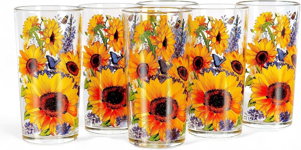 Glasses Set of 6 pcs 7.8 fl oz (230 ml) Glassware Ideal for Water, Juice, Cocktails, and Iced Tea (Sunflowers)