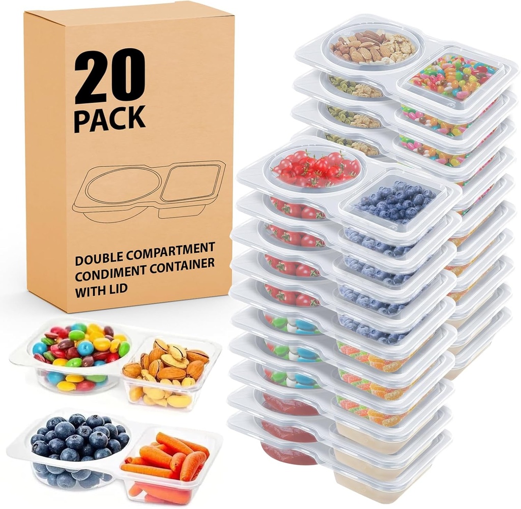 20 Sets, snack containers,reusable snack containers with lids,snack pack containers,snackle box container,Double Compartment Condiment Containers, Portion Cups with Lids for Sauce and Snacks 20