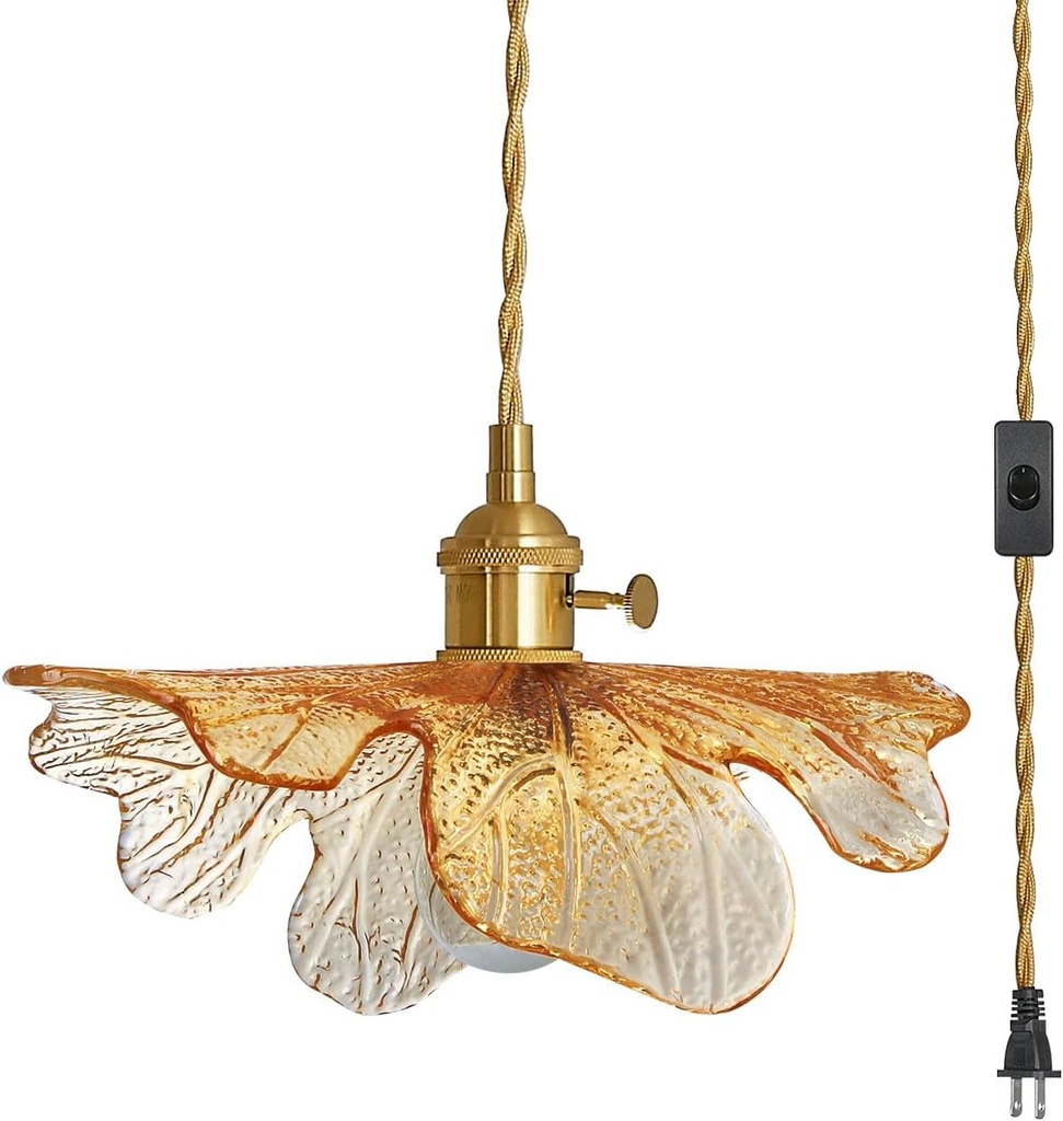 Plug in Pendant Lights 15ft Hanging Light with Plug in Cord Mid Century Modern Pendant Light Fixtures Hand Blown Amber Glass Pendant Light Plug in Hanging lamp for Kitchen Living Dining Room