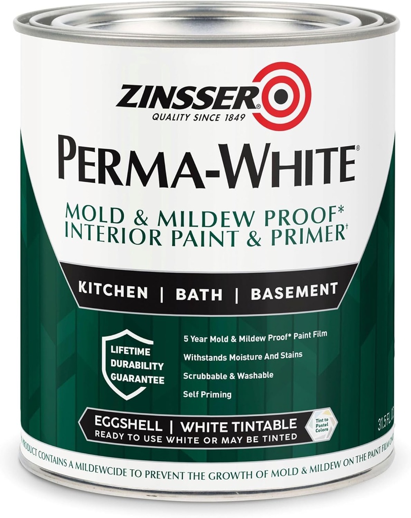 Zinsser 02774 PERMA-WHITE Mold & Mildew Proof Interior Paint, Quart, Eggshell White
