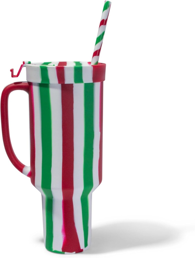 Silipint: Silicone 64oz Straw Tumbler: Poinsettia Stripe - WTFumbler, Unbreakable, Holiday & Christmas Gift, Dishwasher-Microwave-Freezer-Oven Safe