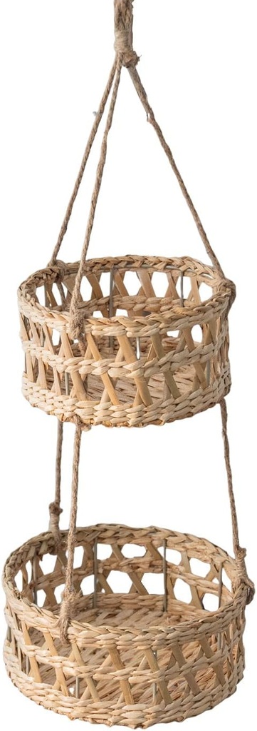2-Tier Natural Rush Grass Hanging Basket with Iron Frame & Jute Rope - 29.72 Inch Boho Storage Organizer for Kitchen, Plants, Fruits, Vegetables, Indoor/Outdoor Bohemian Décor