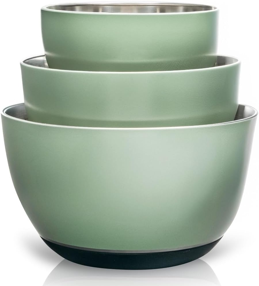 WHYSKO® Stainless Steel Mixing Bowls (Set of 3) with Non-Slip Silicone Base for Kitchen, Dishwasher Safe Bowls for Meal Prep, Cooking, Baking, Serving, Food Storage (Khaki Green)