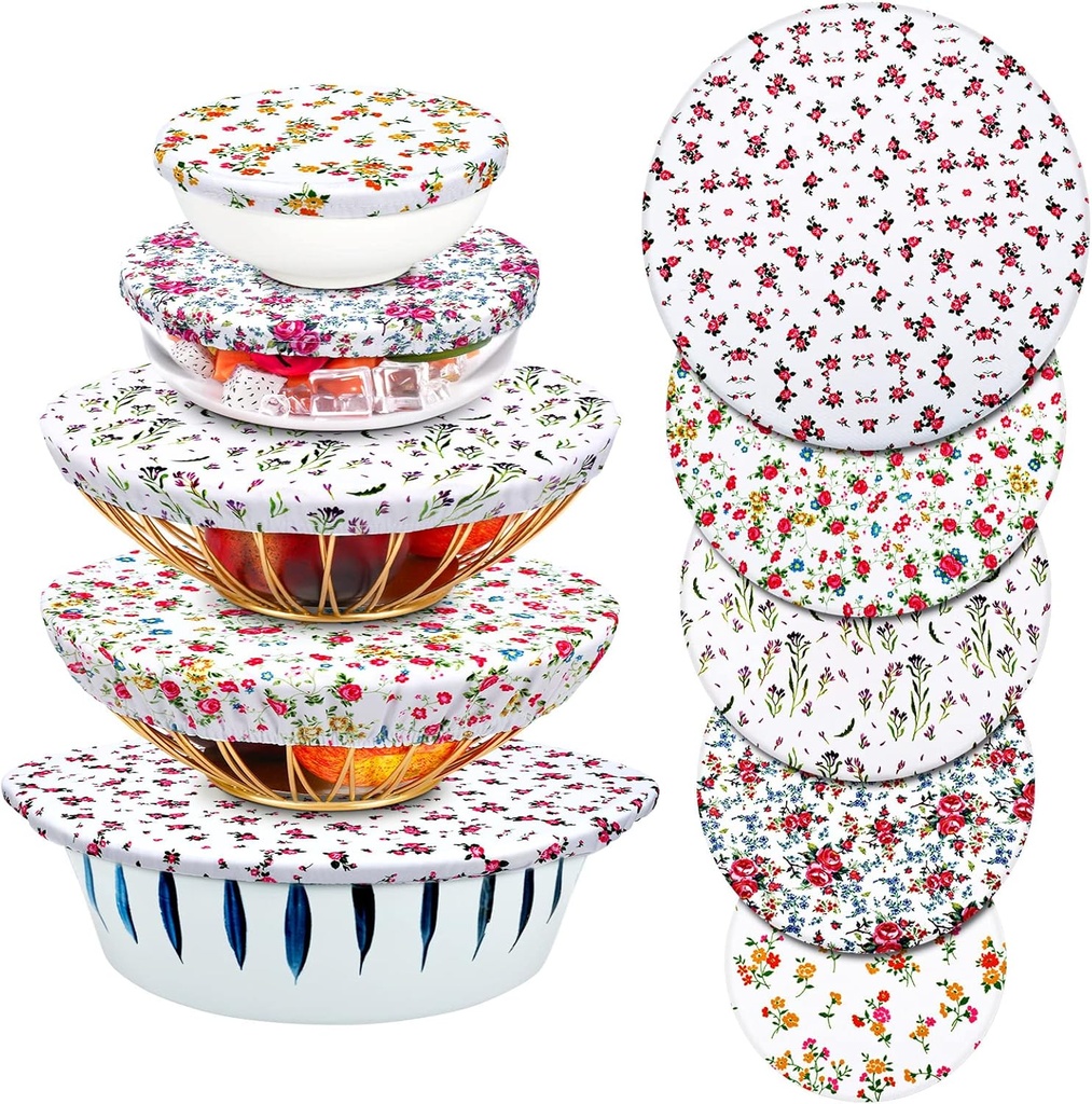 Patelai 10 Pcs Bowl Covers Reusable in 5 Size Stretch Cloth Fabric Elastic Food Storage Bowl Covers Bread Sourdough Lids for Proofing Food Fruits Leftover(Flowers Style)