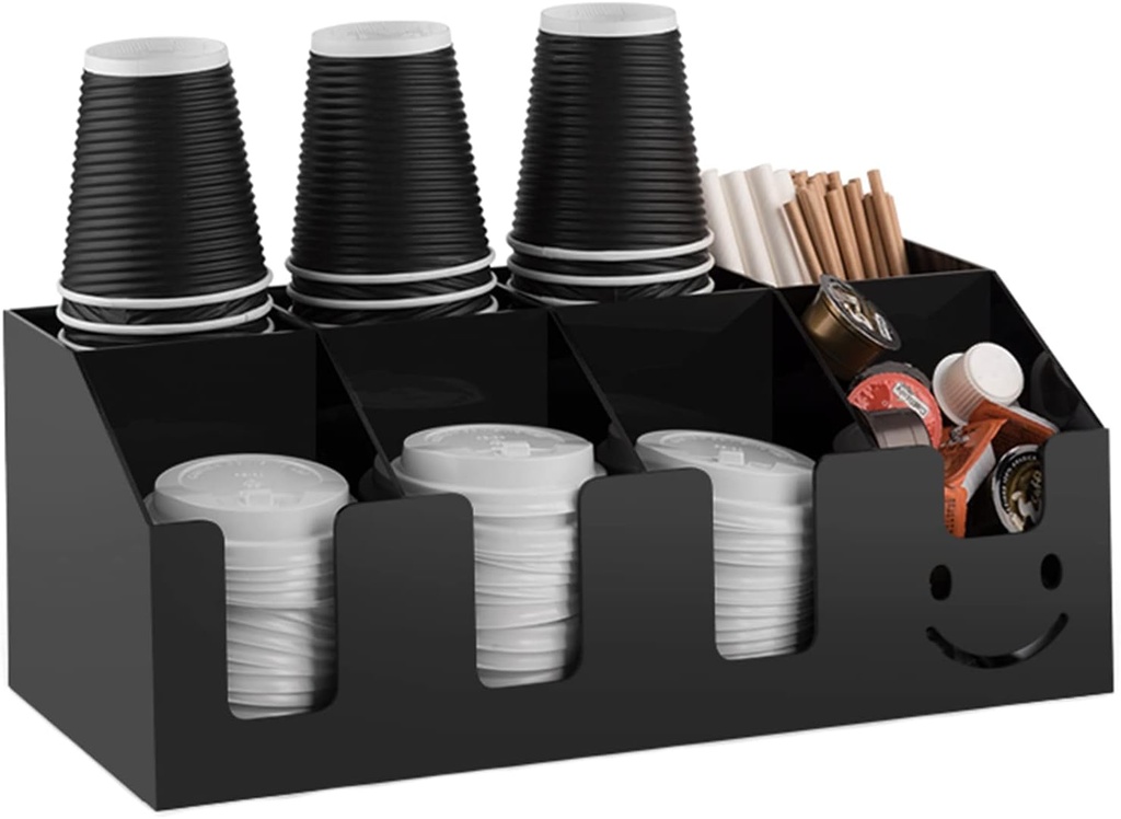 Coffee Condiment & Cup Organizer - Upright Storage for Coffee Pods, Sugar, Straws, Cups & Tea Bags - Breakroom Dispenser - Stylish Black Design