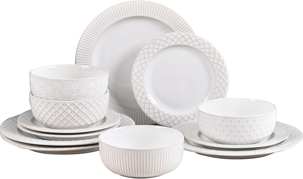 Ceramic Dinnerware Set for 4, 12-Piece Stoneware Plates and Bowls Set, Microwave & Dishwasher Safe, Lead-Free Scratch Resistant, Striped Dinner Plates & Soup Bowls (White)