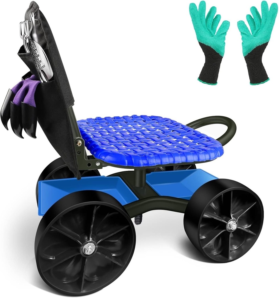 i COVER Garden Cart Rolling Stool Four Wheels with Tool Bag and Two Patio Gloves, Stable Workseat Sturdy Carts Adjustable Seat Height and Direction, Gardening Helper