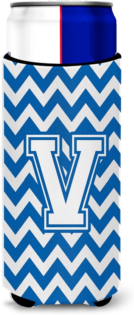 Letter V Chevron Blue and White Ultra Beverage Insulators for slim cans