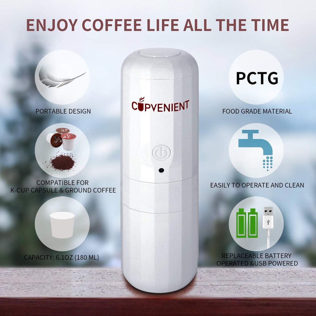 Portable Espresso Maker, Single Serve Coffee Brewer, Compatible with K-Cup Capsule and Ground Portable Coffee Machine, Battery-driven Coffee Tea Brewing