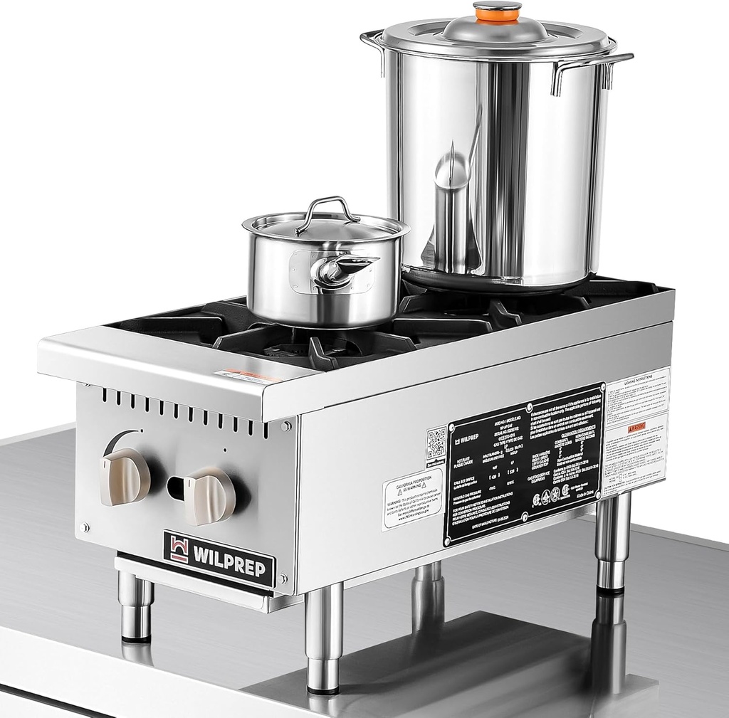 WILPREP Countertop Gas Range – 12" Stainless Steel 2-Burner Gas Stove, 50,000 BTU High Heat Output, Includes Natural Gas & Propane Kit, Compact Commercial Hot Plate for Kitchen, Bar, or Outdoor Use