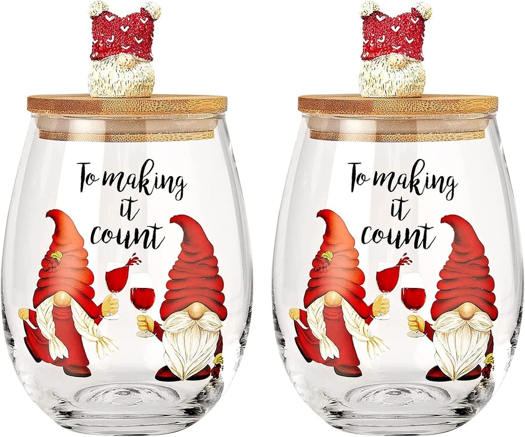 Winter Gnome Wine & Water Glasses With Dwarf Wood Cover - Set of 2-17.5oz - Festive Gnomes Stemless Clear Wine Glass For Red Or White Wine - Wine Glass for Women, Friends, Men, Sister