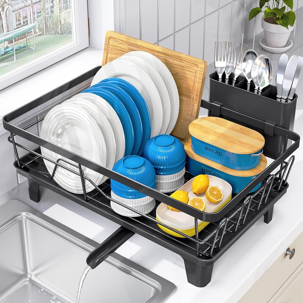 Dish Drainers for Kitchen Counter - Large Capacity Dish Drying Rack with Drainboard, Rustproof & Sturdy Design, Black Dish Rack Perfect for Plates, Cups & Kitchen Countertop Organization