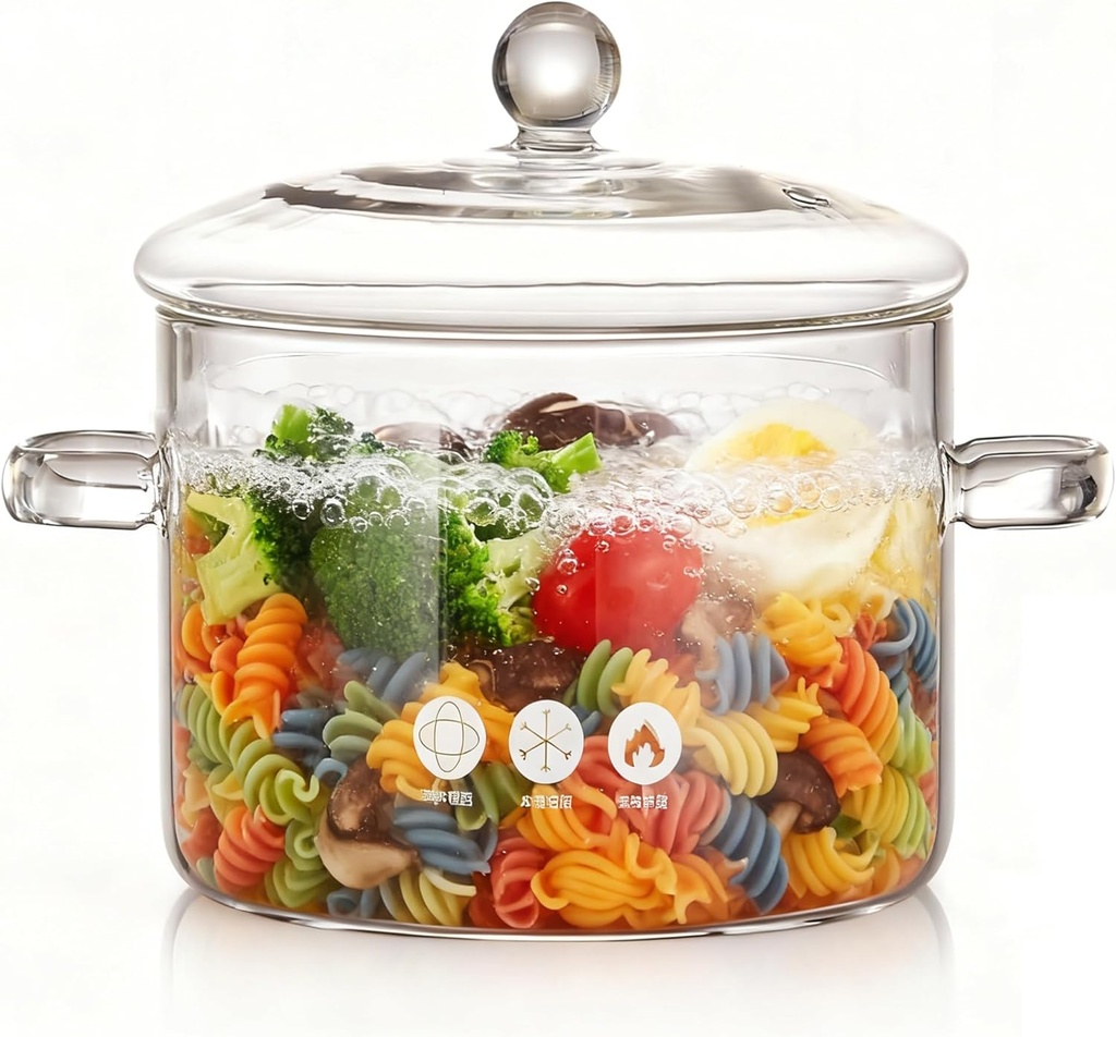 Glass Cooking Stovetop Pots,64oz/1900ml with Lids Saucepan with Cover Simmer Pot,Handmade hand-made,Heat-Resistant Borosilicate Glass, Cookware Set Stovetop Pot for Soup,Pasta