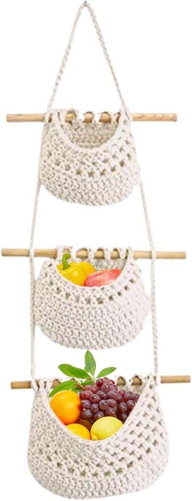 Fruit Vegetable Hammock Multi-Purpose 3 Tier Macrame Fruit Hammock Hanging Fruit Baskets Kitchen Hanging Organizer Storage Home Decor 3 Tier Fruit Basket Hanging Wall Basket Storage Basket Hanging Fru