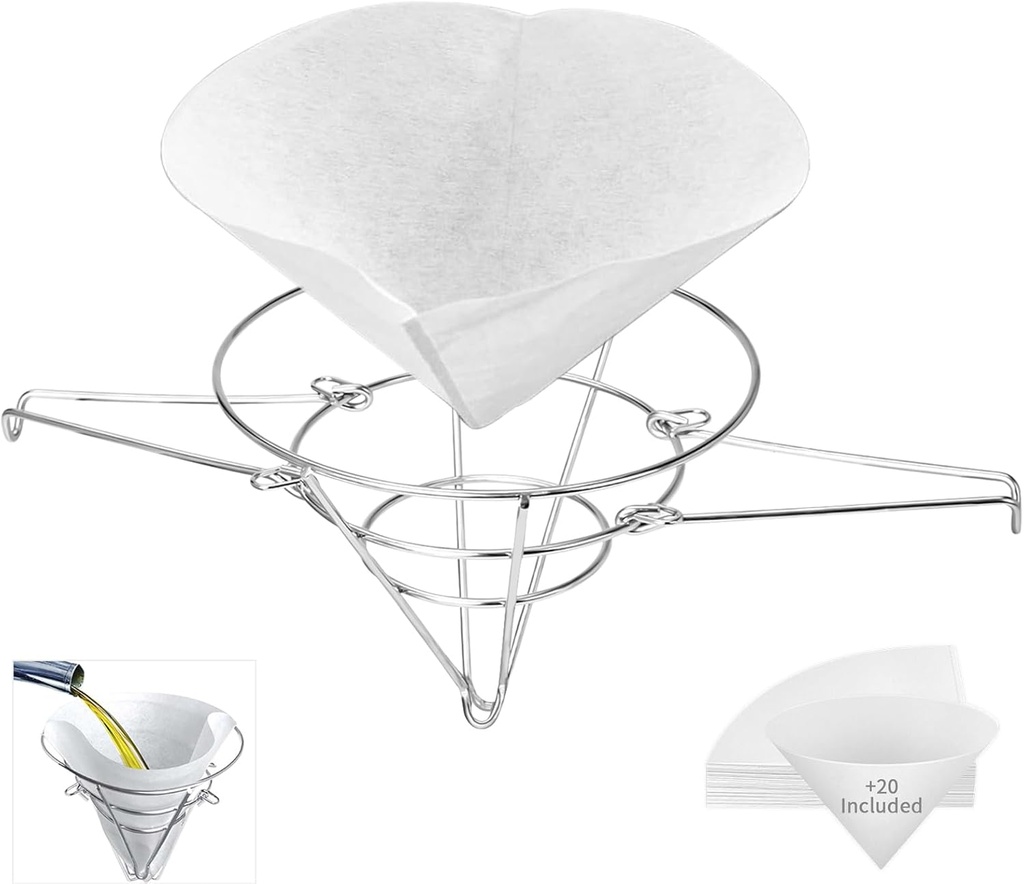 GCQ Stainless Steel Deep Fryer Oil Filter Strainer with Cone Holder & Folding Arms 9.2"x9.2"x7.7" for Cooking Oil Recycling