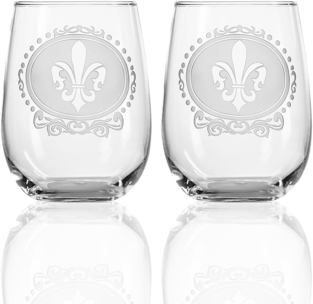 Rolf Glass Royal Fleur de Lis Stemless Wine Tumbler | Set of 2 Engraved 17oz Stemless Wine Glasses | Made in America | Mardi Gras Glassware