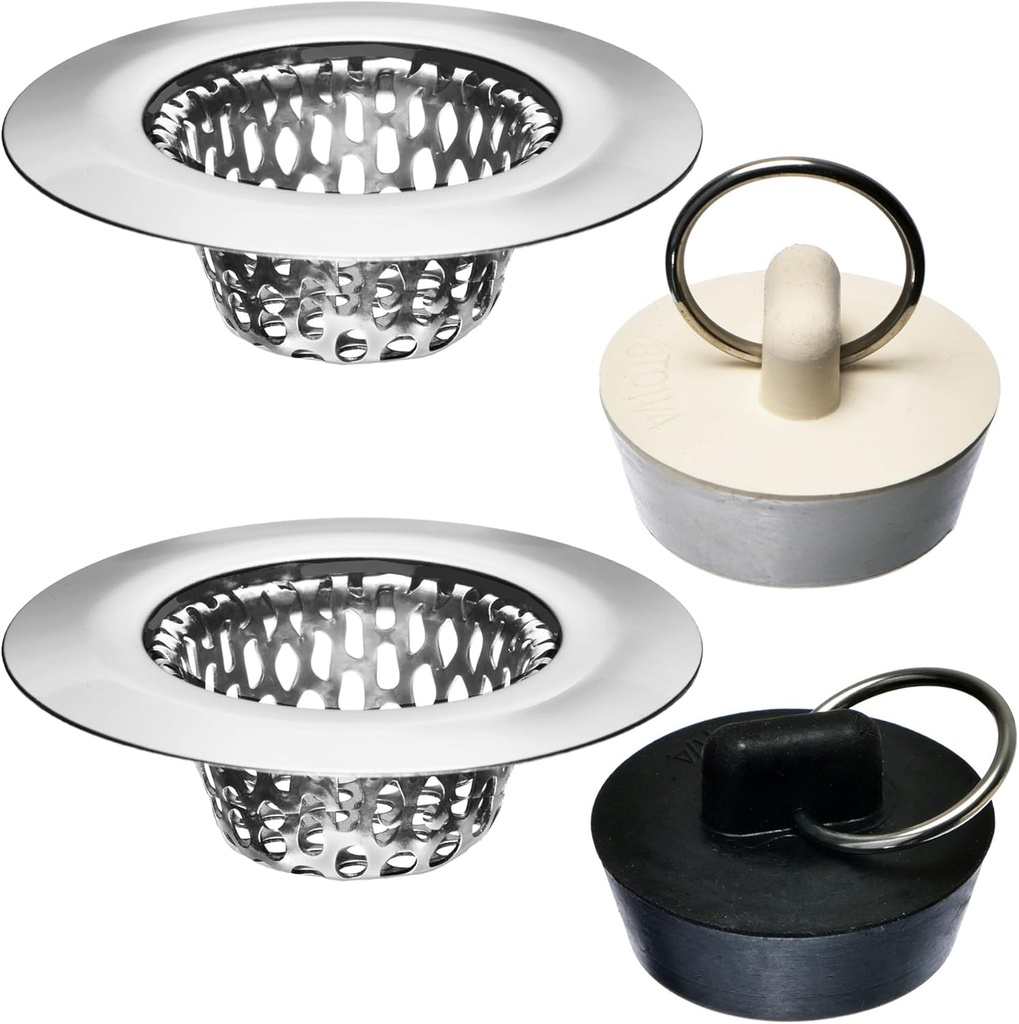 4 Pcs - Bathroom Sink Strainers and Stopper Plug (Use Separately) - 2.125" Top / 1" Basket, Stainless Steel Strainers and Rubber Plug Stopper for Standard Bathroom, Utility, Slop and RV Sink.
