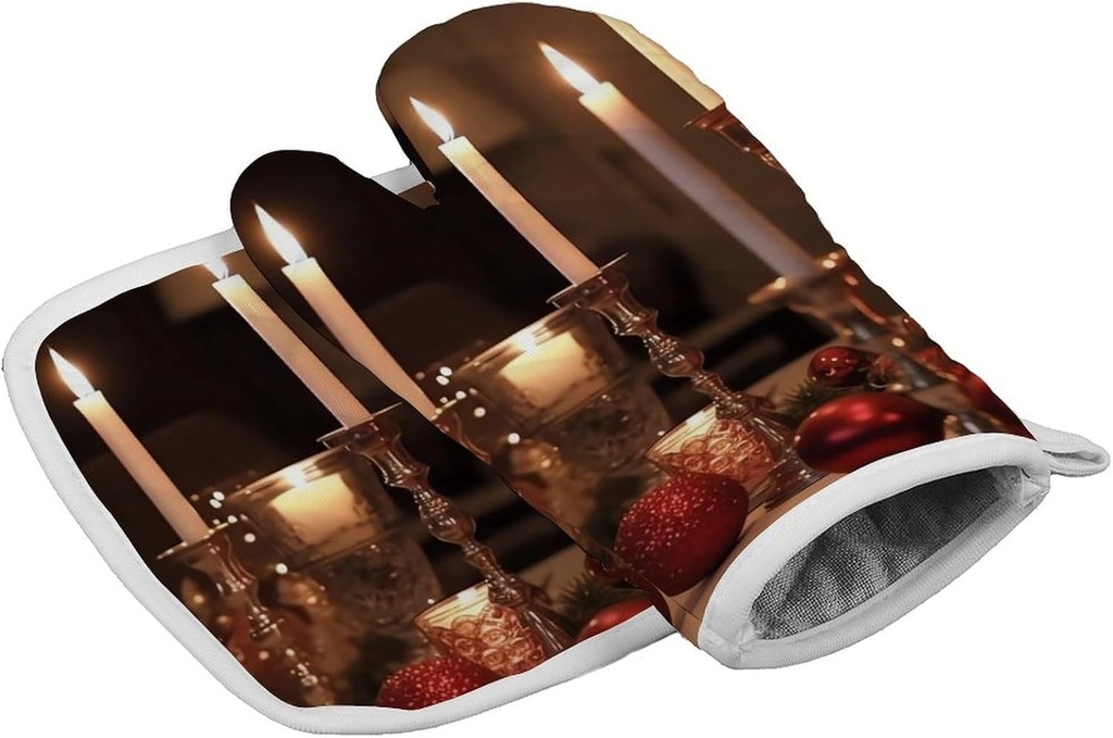 Candle Holder on Dining Table Oven Mitts and Pot Holders Sets Heat Resistant Kitchen Oven Mitts Gloves Hot Pads Gift for Cooking Kitchen Baking Cooking Grilling Microwave