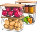 Pack of 4 Potato and Onion Storage, Stackable Pantry Organizers and Storage, Clear Fruit and Vegetable Storage with Bamboo Lid, For Produce Such as Potatoes, Onions, Fruit and Vegetable Storage