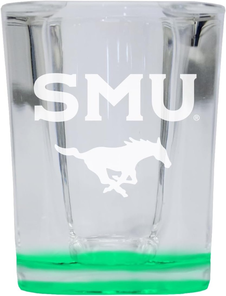 R and R Imports Southern Methodist University 2 Ounce Engraved Shot Glass Square Green Base Officially Licensed Collegiate Product 4-Pack