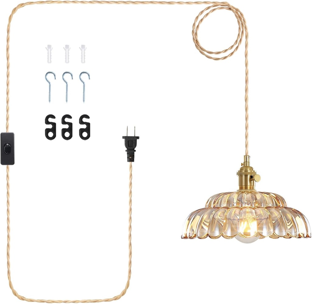 1-Light Plug in Pendant Light with Lotus Amber Shade, Brass Pendant Lighting, Industrial Ceiling Hanging Light, for Kitchen Island Entryway Dining Room Hallway, E26 Socket (Bulbs Not Included)
