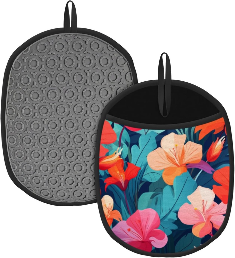 Pot Holder 2pack,Bright Orange and Pink Petals Against Electric Blue Background Silicone Heat Resistant Potholders Non-Slip Hot Pads with Pocket Suitable for Kitchen Cooking,Baking,9.5×7.5 in