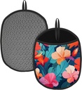 Pot Holder 2pack,Bright Orange and Pink Petals Against Electric Blue Background Silicone Heat Resistant Potholders Non-Slip Hot Pads with Pocket Suitable for Kitchen Cooking,Baking,9.5×7.5 in