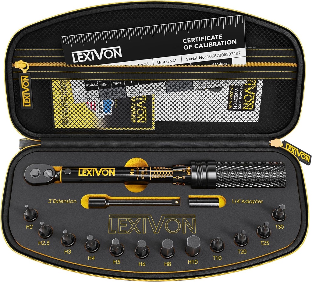 LEXIVON Bike Torque Wrench 1/4-Inch Dr. 15-Piece Kit | 72-Tooth Gear, Dual-Direction Click Type 2~26 Nm / 17.7~230.1 in-lb (LX-191)