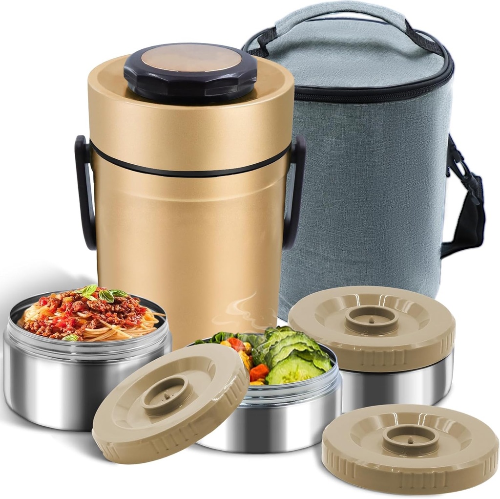 67oz Thermos for Hot Food, 3 Layered Stackable Insulated Lunch Box, Soup Thermos Jar Comes with an insulated bag, suitable for office lunches and outdoor dining, among other uses (Gold)