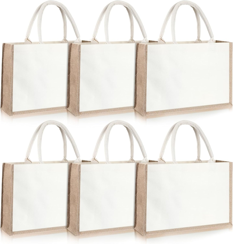 6 Pack Burlap Tote Bags Gift Tote with Handle Reusable Jute Gift Bags Beach Bag Grocery Shopping Bag for DIY Wedding Bridesmaid, 14.7'' x 9.8'' x 4.5''