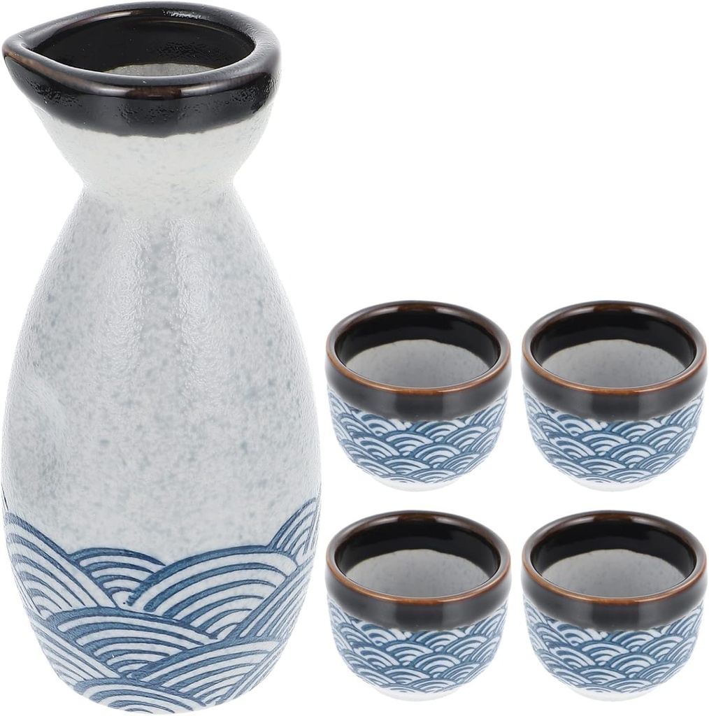 Ceramic Sake Set, Ceramics Sake Cup Sake Pot Saki Set Bottle with Sake 4 Sake Cups for Cold/Warm[Energy Class A]
