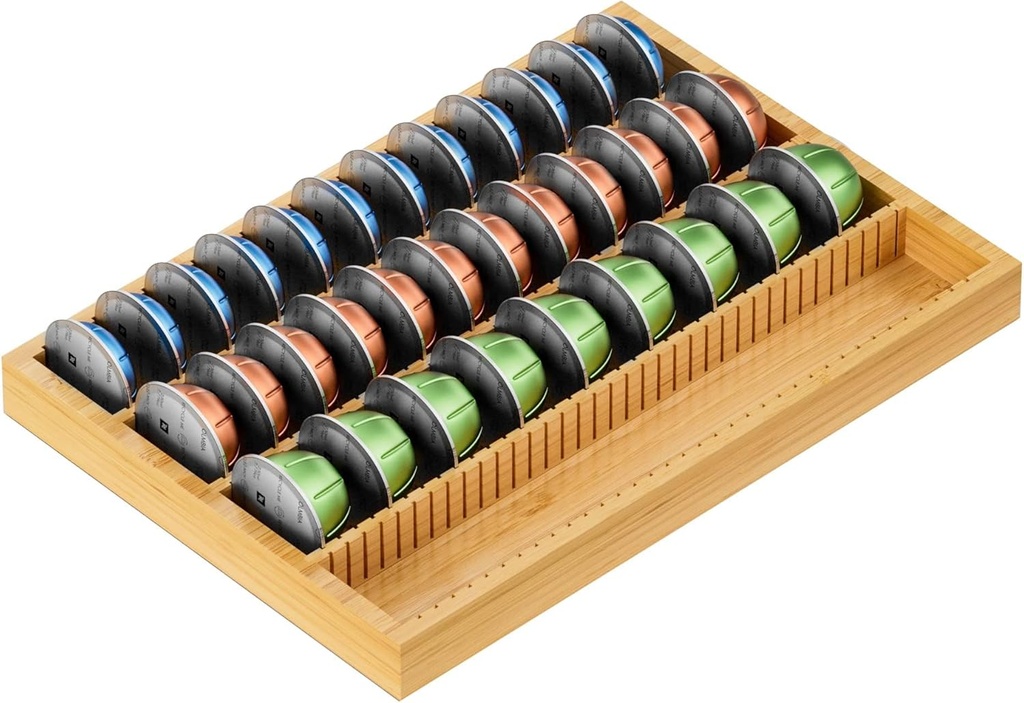 MinBoo Bamboo Coffee Pod Storage Holder Drawer Insert for Counter Compatible Nespresso Vertuo Vertuoline Capsules for Kitchen, Home, Office, Coffee Station