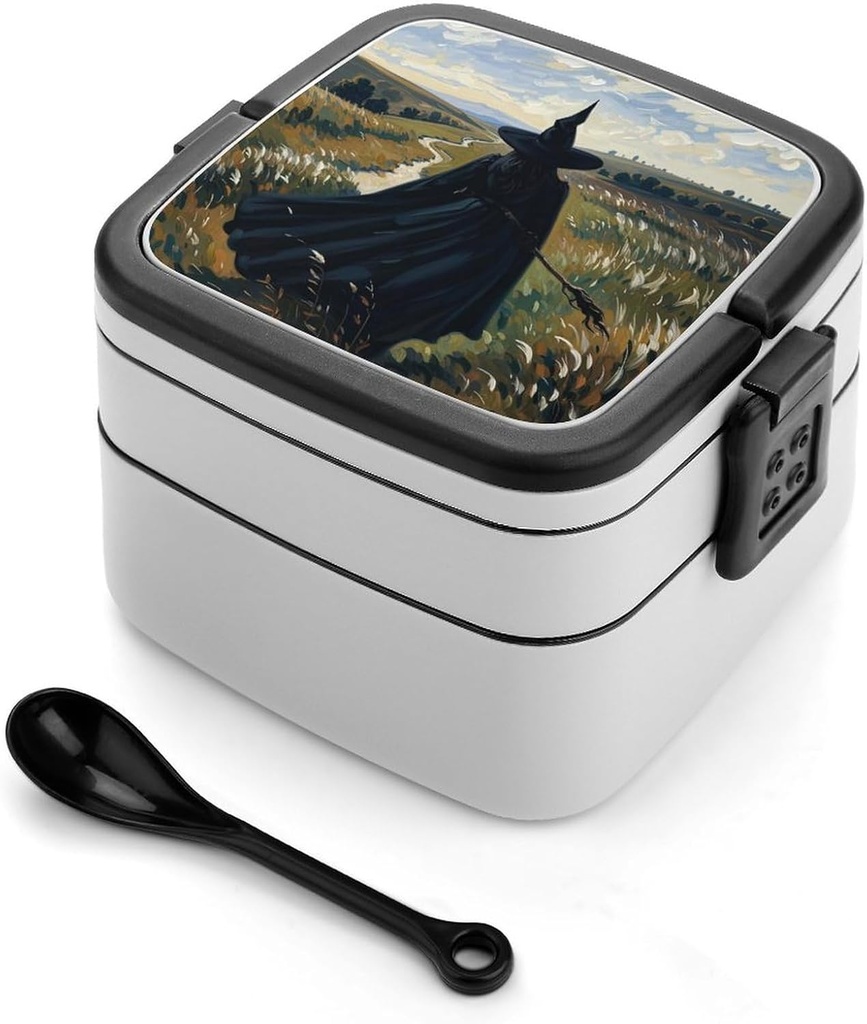 The Witch of Darkness Bento Box with Spoon, 2-layer Stackable Lunch Box Leak Proof with Invisible Handle, Insulated Food Storage for Office, Picnic & Travel