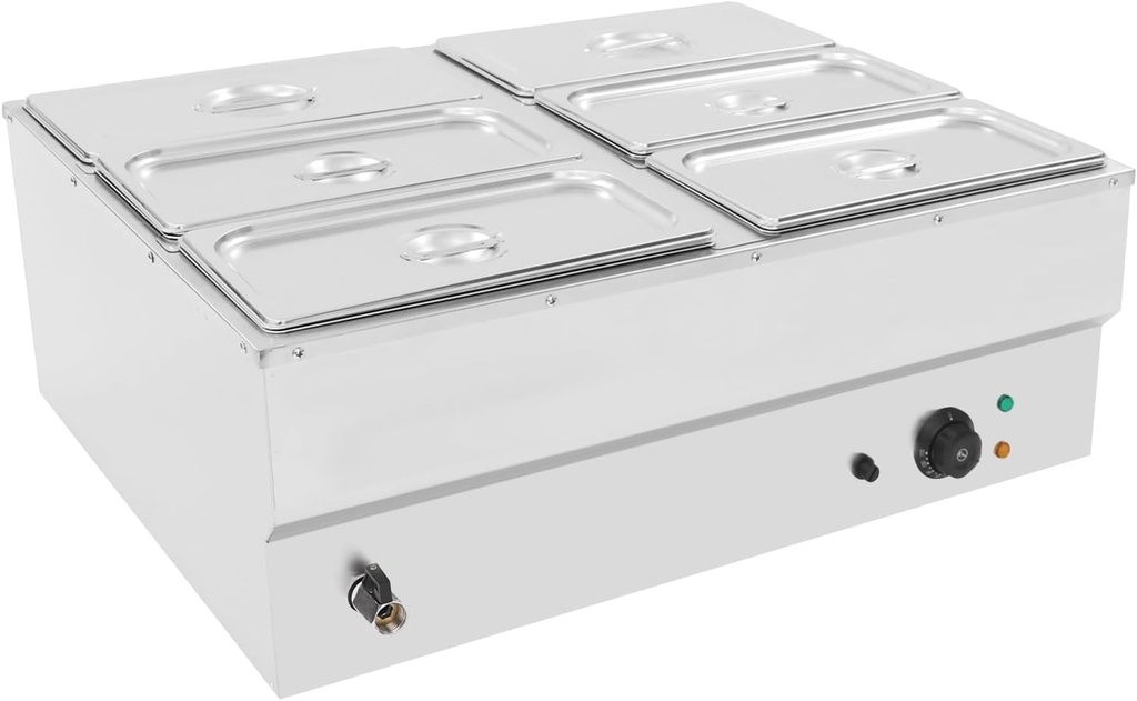 6-Pan Commercial Food Warmer, 1500W Electric Steam Table Professional Countertop Stainless Steel Buffet Bain Marie with 86-230°F Temperature Control & Lid for Catering and Restaurants