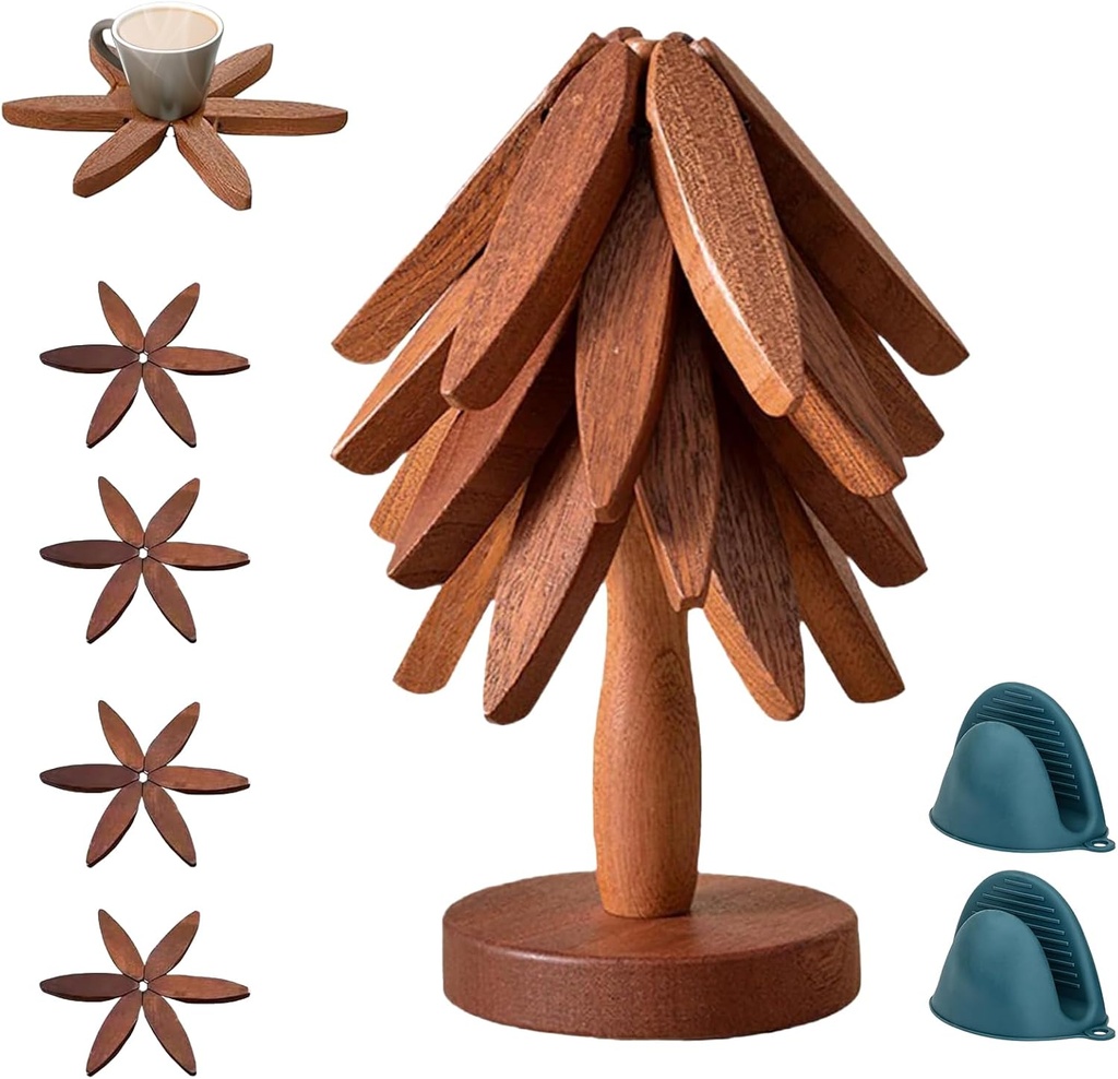 Wooden Trivets for Hot Dishes-Tree Shape Trivet Set, 4 Walnut Wood + 1 Stand stored Like a Christmas Tree,Foldable Kitchen Wooden Trivet,for Hot Dishes Pot Bowl Teapot Hot Pot Holder(Walnut)
